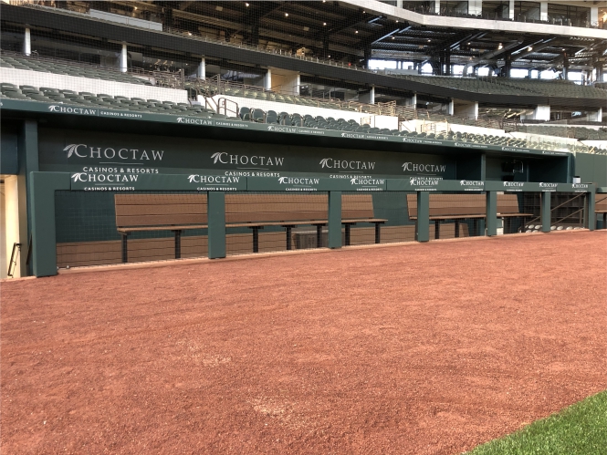 Custom Dugout Rail Pads with Graphics at Globe Life Field by Field Walls Pads